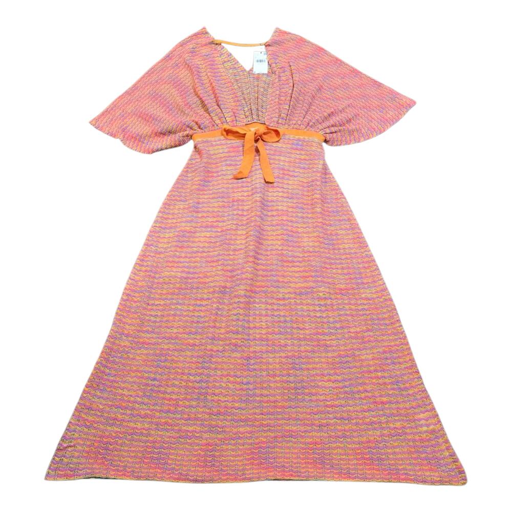 MNG Multicolored Crochet Knit Maxi Dress Orange Pink V-Neck Oversized Boho Sz 10 - Picture 4 of 6